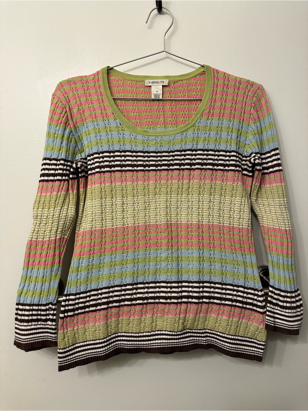Harold's Scoop Neck Multicolor Striped Light Knit Sweater - Pink, Green, Blue